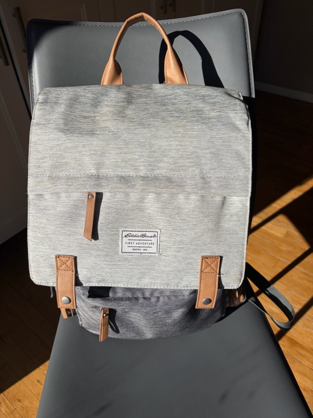 Eddie Bauer Cascade Gray Two-Tone Canvas Backpack with Brown Trim